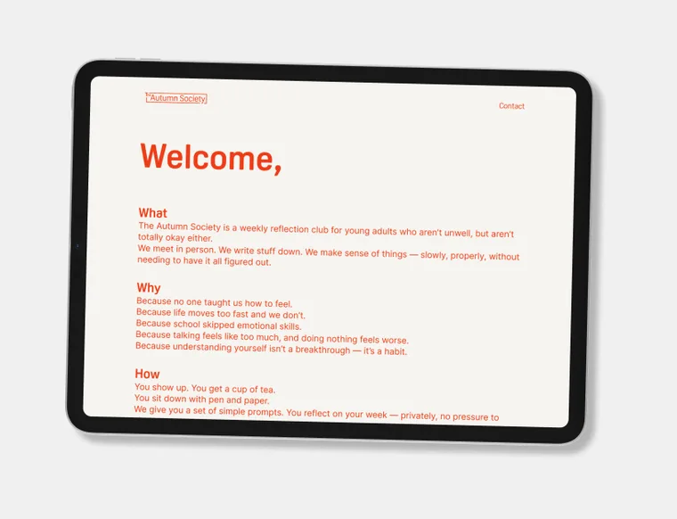 The Autumn Society website on a tablet, showing a welcome screen and reflection prompts.