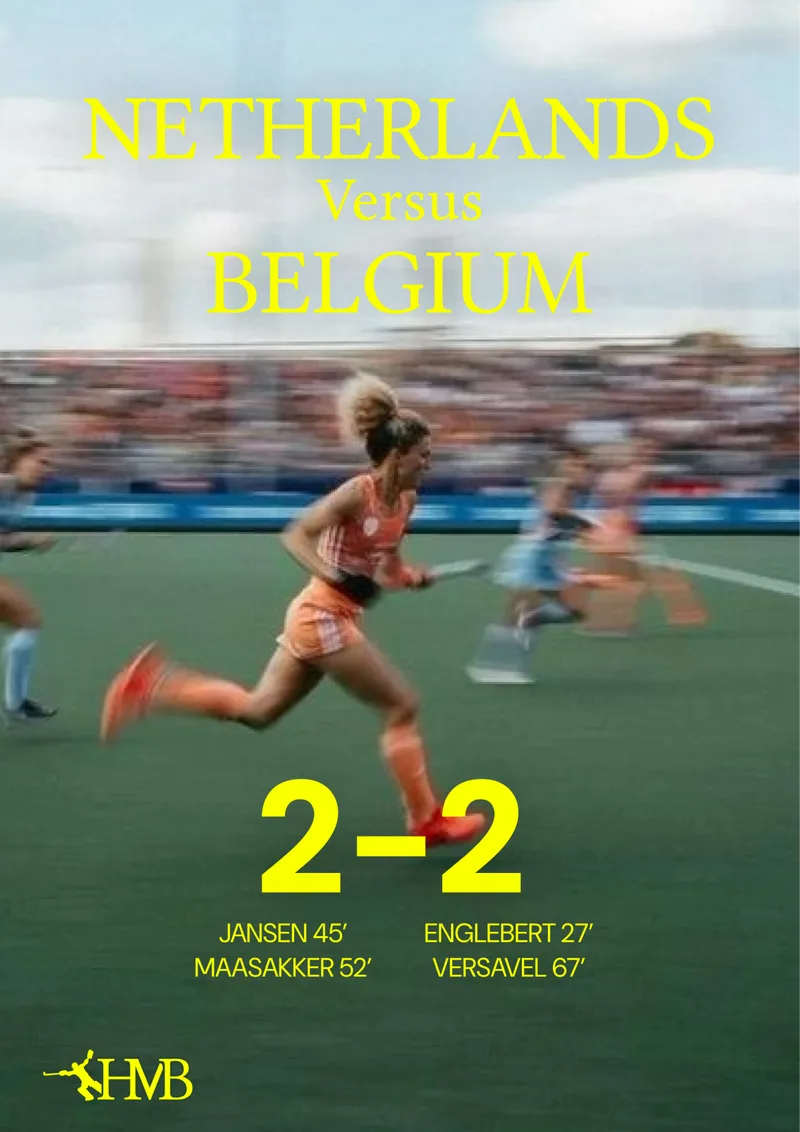 A match graphic: Netherlands versus Belgium, 2-2, with goalscorers and the HMB monogram.