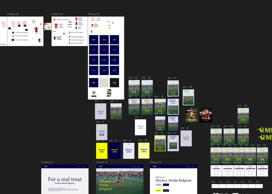 A Figma canvas of logo development: monogram and wordmark iterations, match-graphic variants and website mockups.