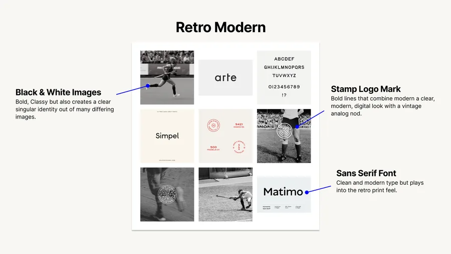 The Retro Modern moodboard: black and white hockey photos, a stamp mark and bold sans-serif type.